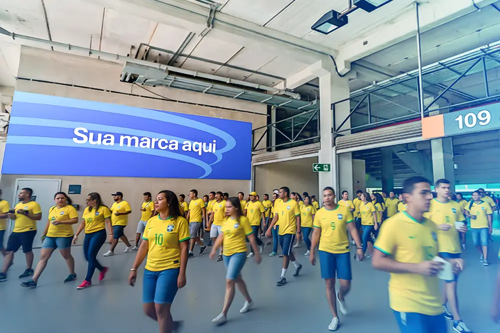 Pessoas circulando pela Arena Fonte Nova e uma placa "Sua Marca Aqui"